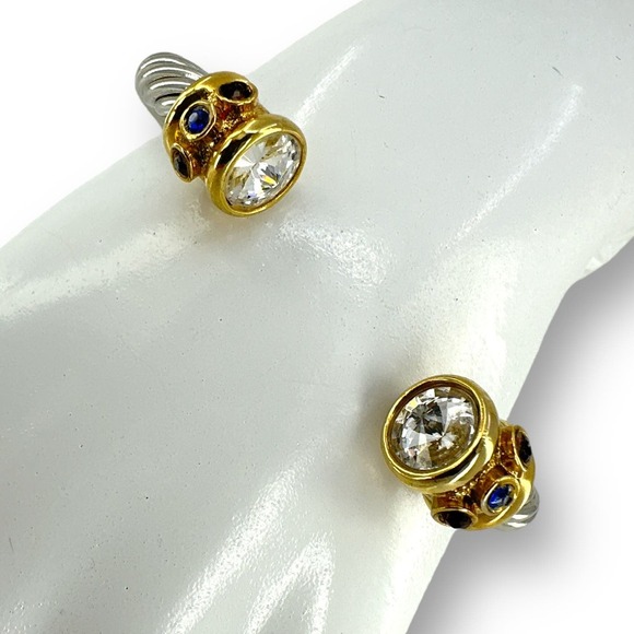 Retro Silver Rope Style Cuff Bracelet with Gold Bar on each end with rhinestones - Picture 3 of 7